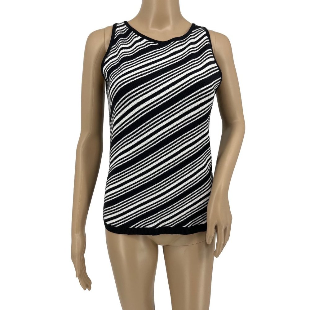 Hillard & Hanson sleeveless knit top M black white diagonal stripe preppy